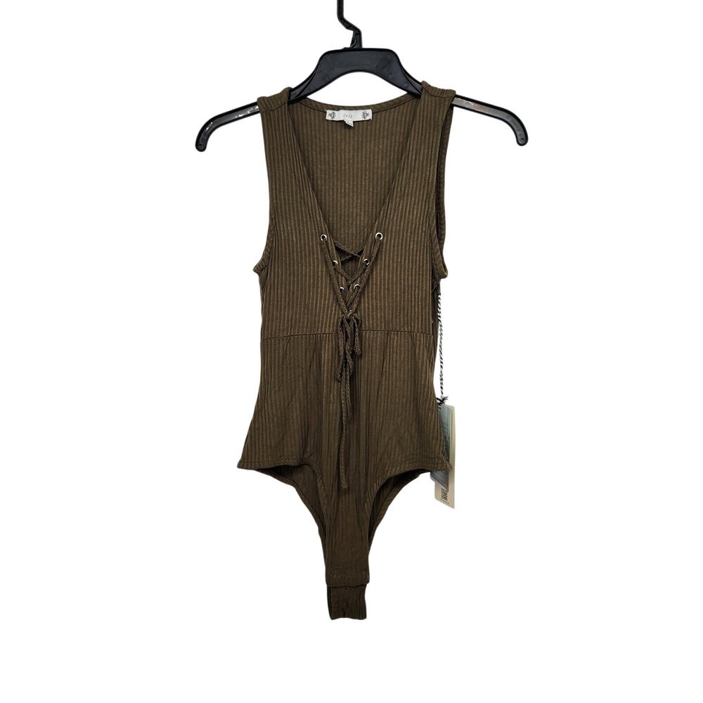 NWT IRIS Los Angeles Dark Olive V-Neck Laced Sleeveless Bodysuit Women L